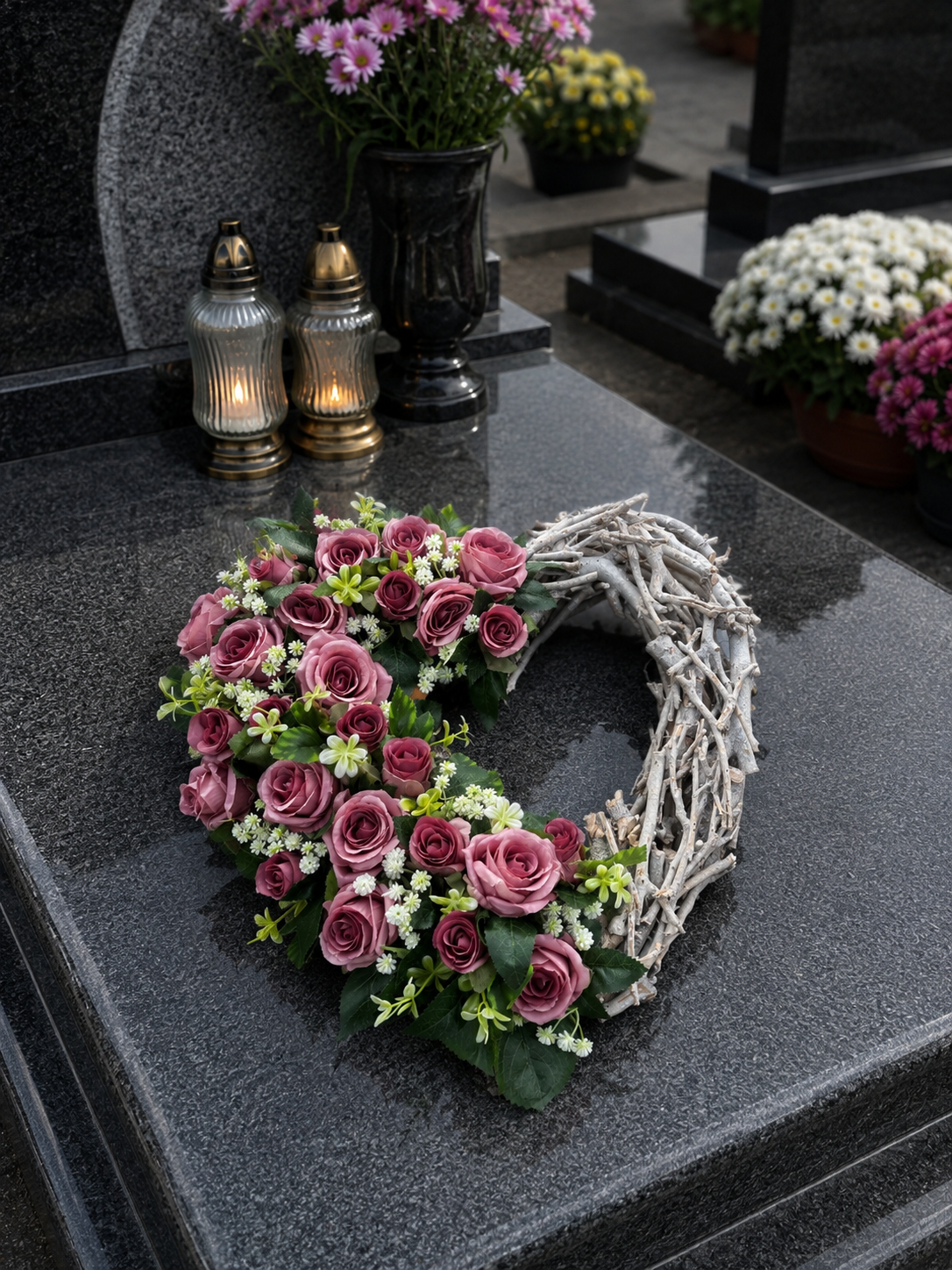 Serce nagrobne z róż i dekoracyjnej wikliny – elegancka kompozycja florystyczna