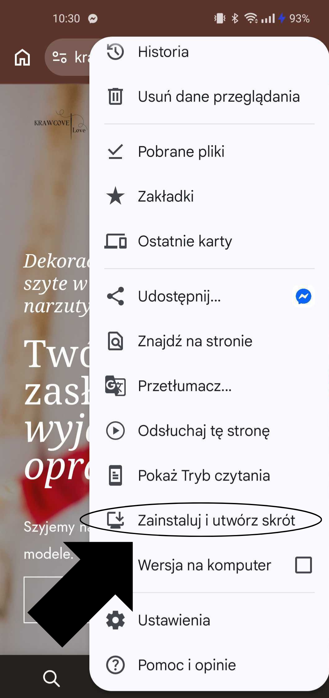 Krok 2 - wybór opcji Zainstaluj i utwórz skrót
