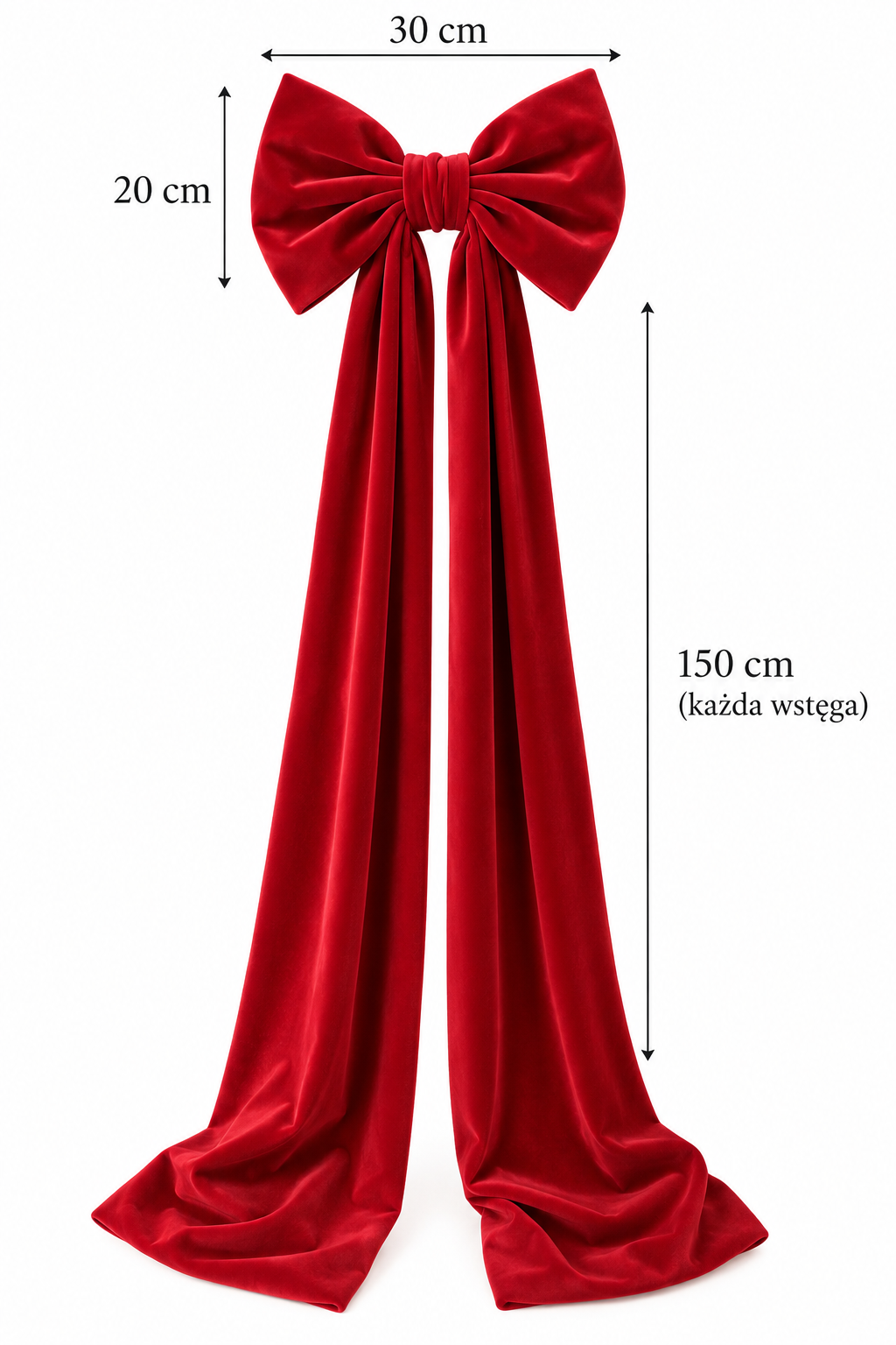 Kokarda dekoracyjna welurowa czerwona 20 × 30 cm – wstęgi 150 cm