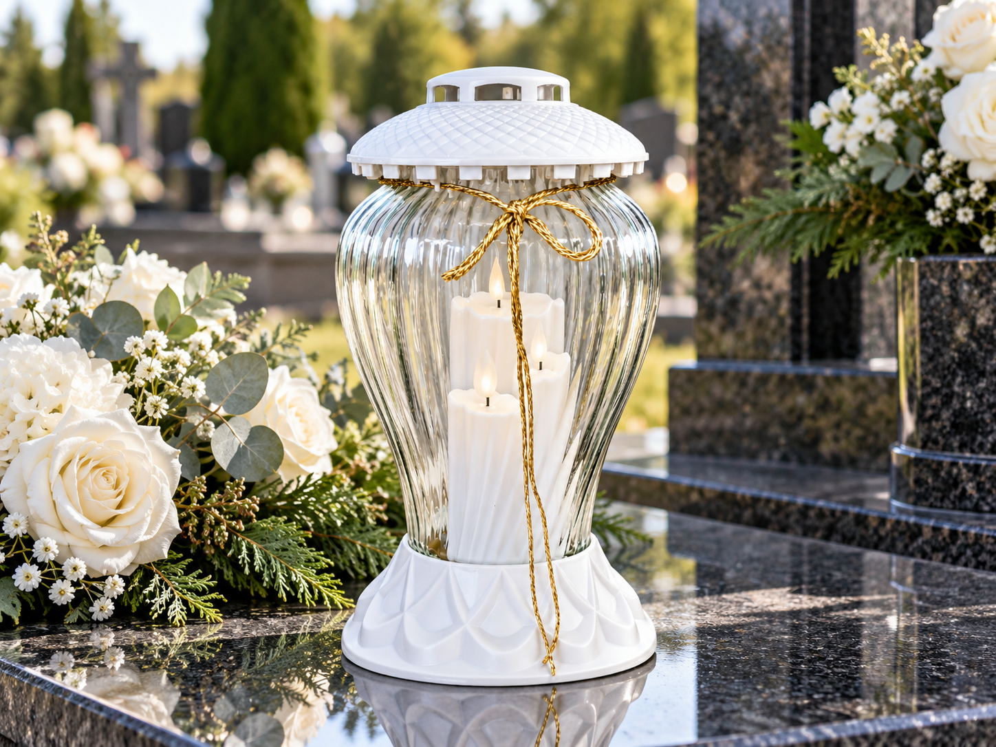 Znicz szklany biały ze złotą kokardą – ok. 32 cm
