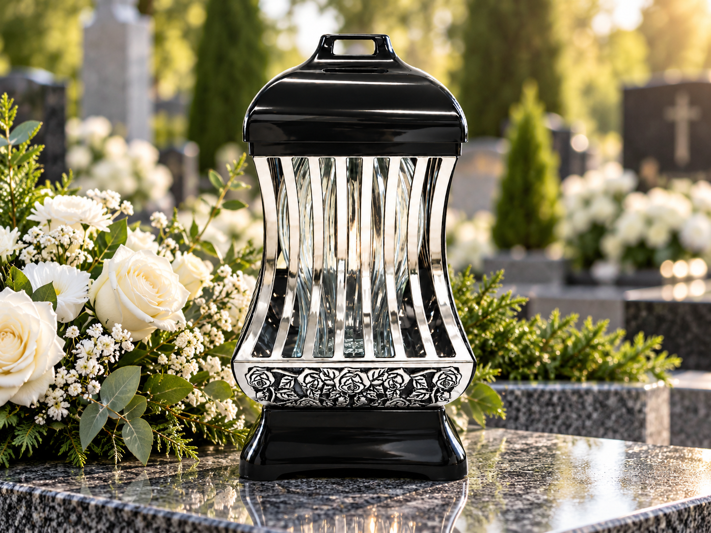 Znicz nagrobny czarno-srebrny z motywem róż – 34 cm - obrazek 2