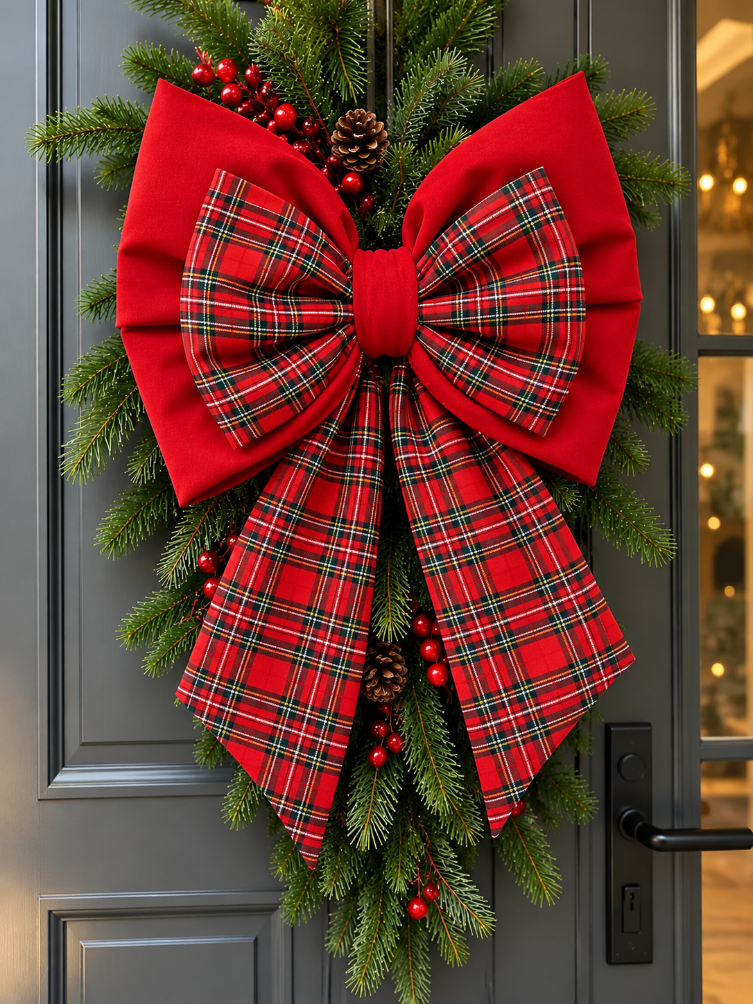 🎀 Kokarda skośna  30x40x zwis 30 – czerwona  krata świąteczna🎄