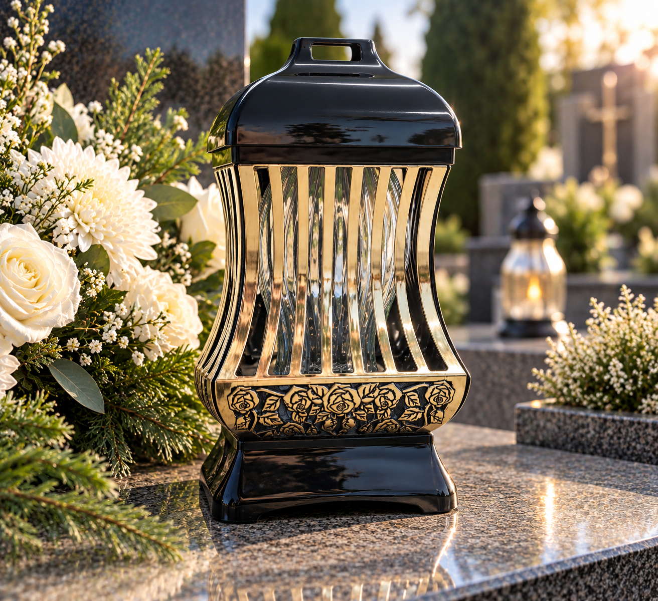 Znicz nagrobny czarno-złoty z motywem róż – 34 cm - obrazek 2